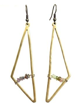Geometric Hammered Brass Earrings with Multicolor Stones